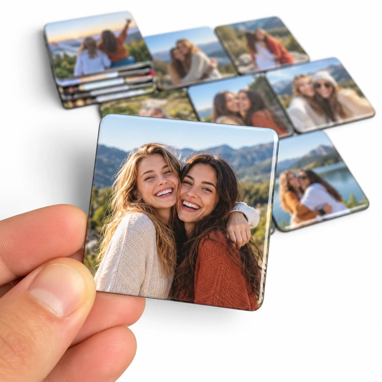 Foto ímã de amigo secreto: duas amigas abraçadas e sorrindo diante de montanhas e um lago, em um ímã quadrado
