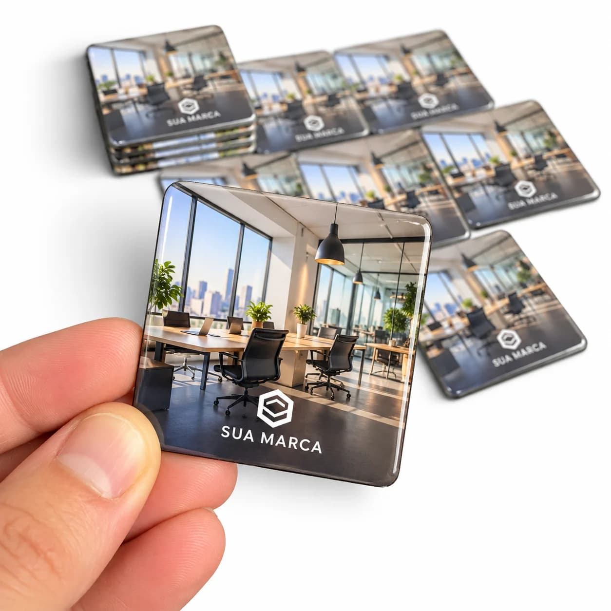 Ímã de brinde corporativo: foto de um escritório moderno com mesa de reunião e a logo Sua Marca sobre a imagem