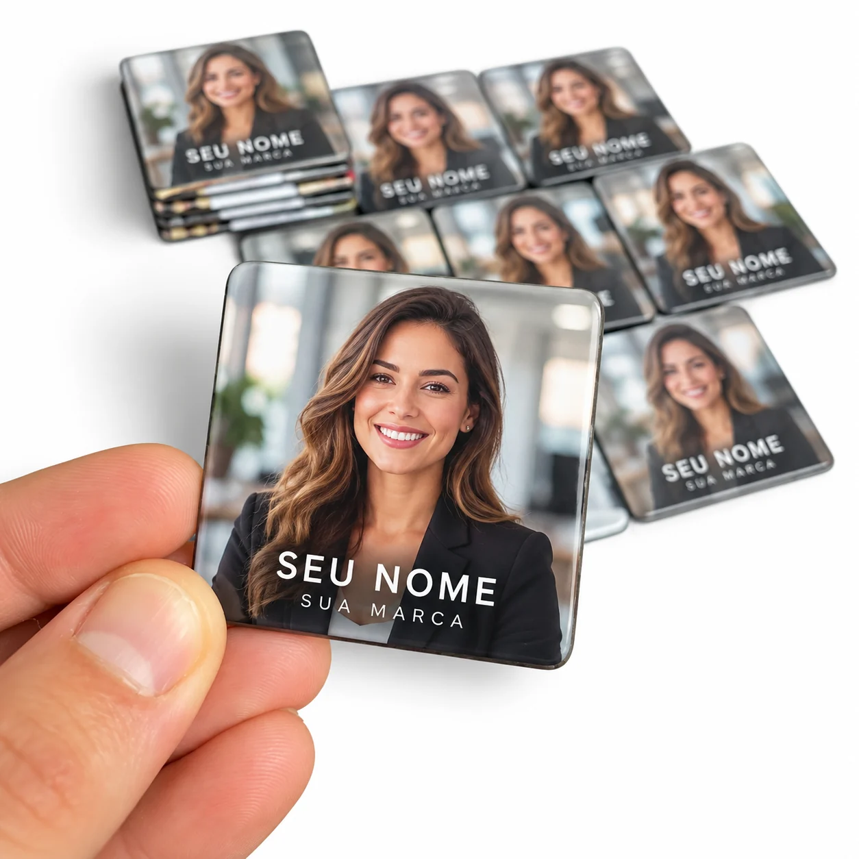 Ímã cartão de visita: retrato de uma profissional sorrindo, com os textos Seu Nome e Sua Marca sobre a foto