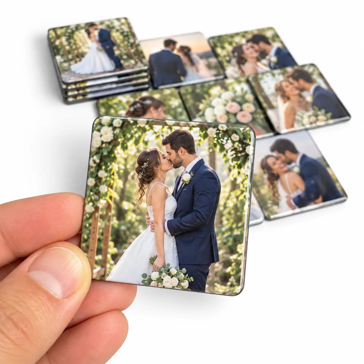 Kit de foto ímãs de casamento: um ímã quadrado com a foto do casal sob um arco de flores, com vários outros ao fundo