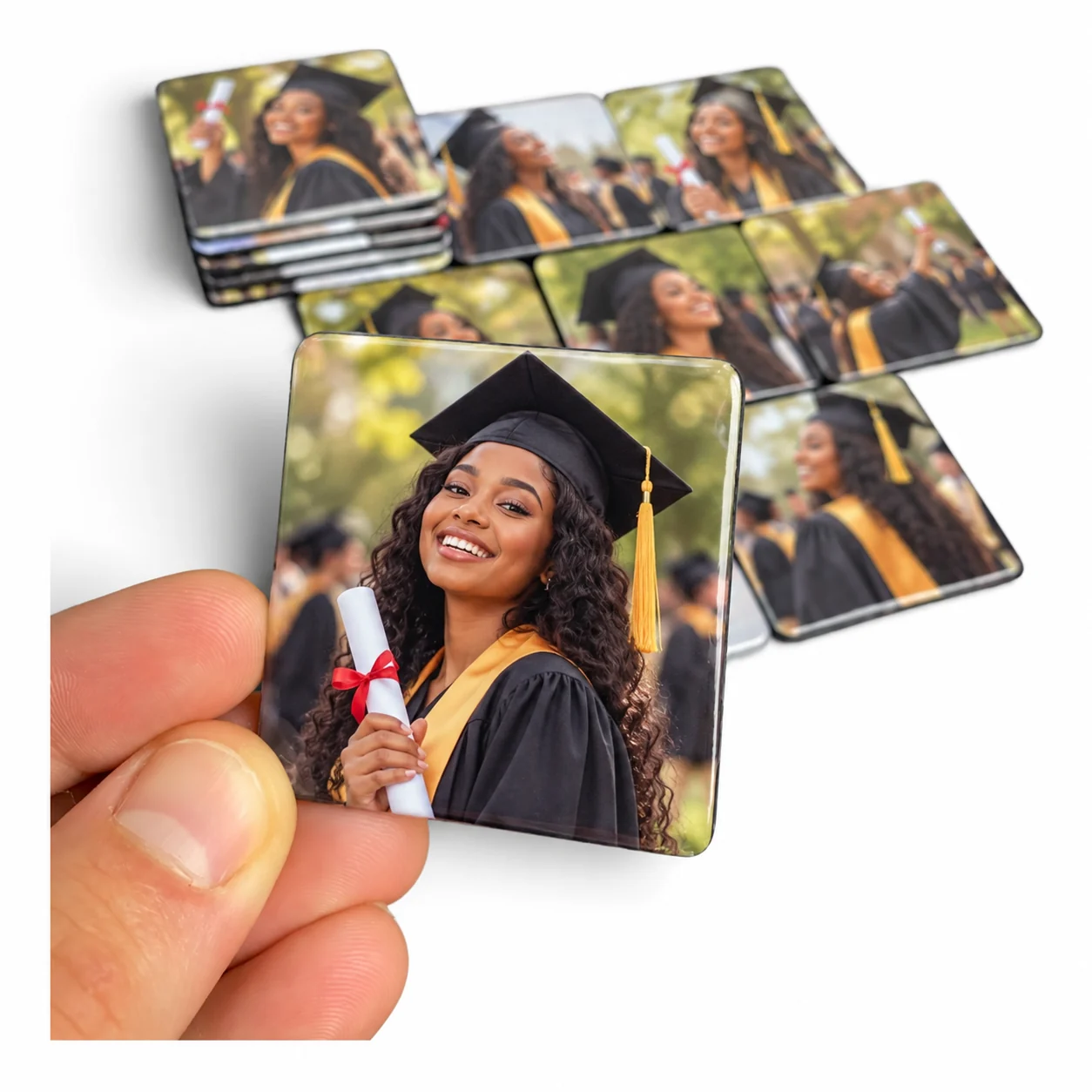 Foto ímã de colação de grau: formanda sorrindo de capelo e beca dourada, segurando o diploma com laço vermelho