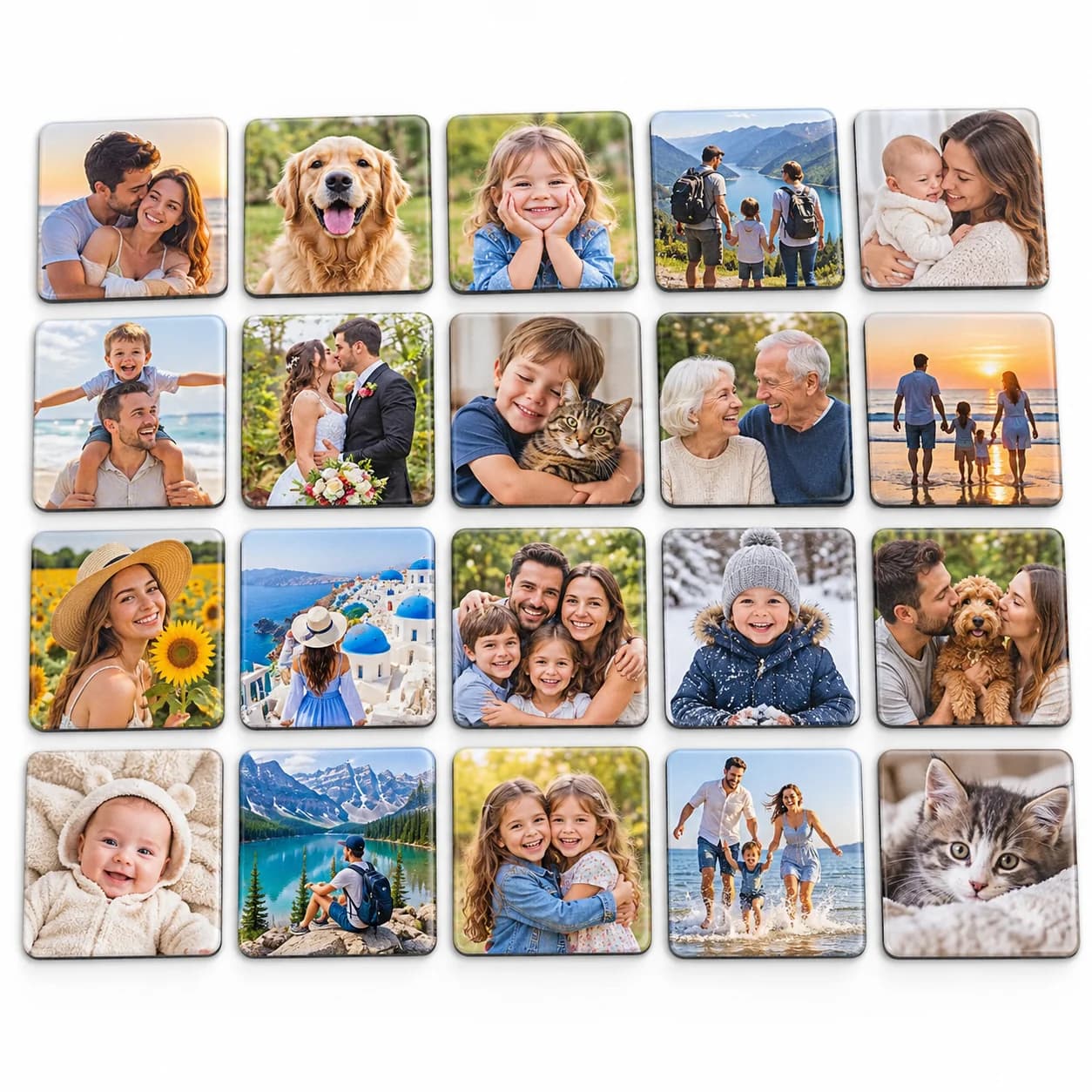Coleção de vinte foto ímãs quadrados em quatro fileiras, com fotos de família, casal, pets, crianças e viagens