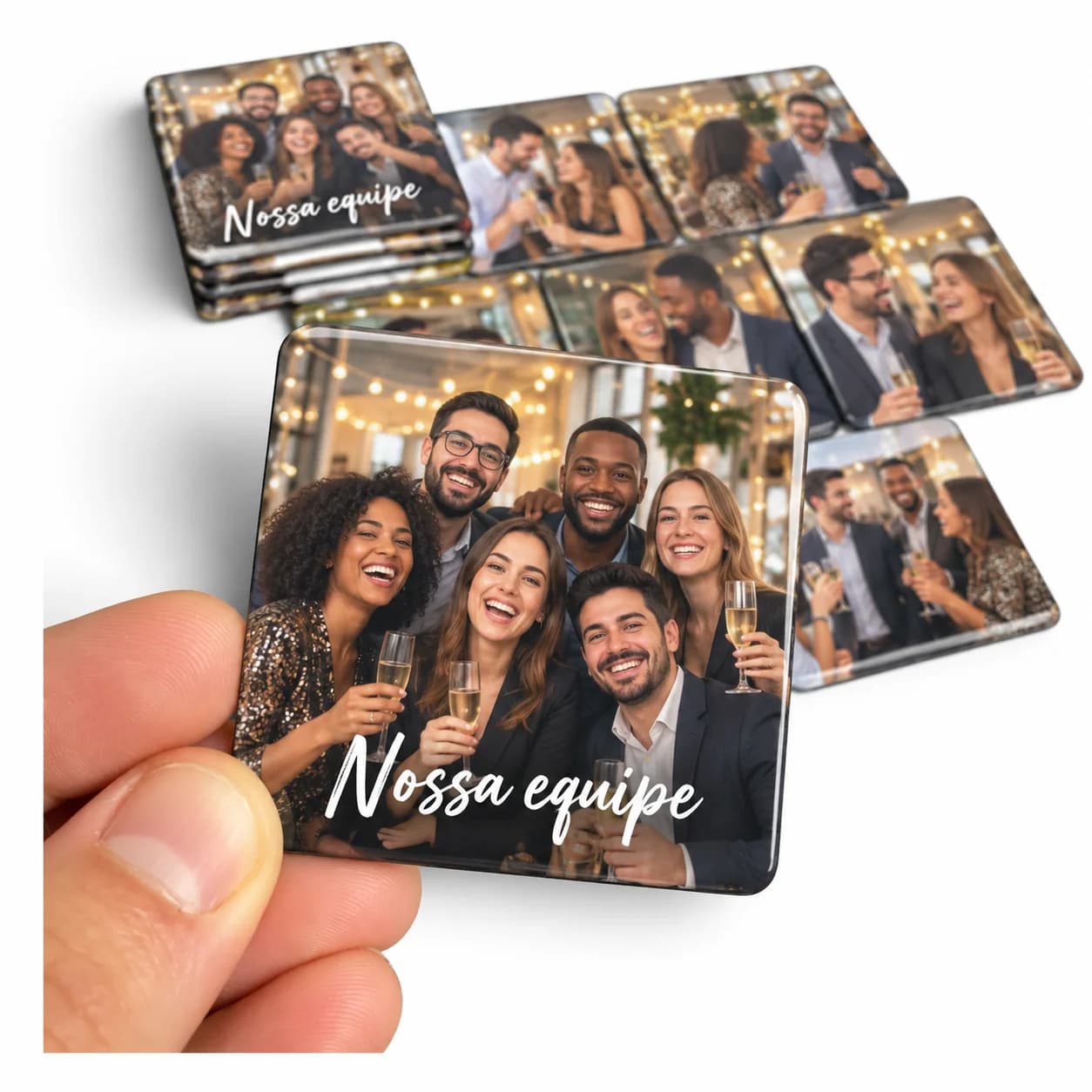 Foto ímã de confraternização: equipe de trabalho sorrindo com taças de espumante, com o texto Nossa equipe sobre a foto