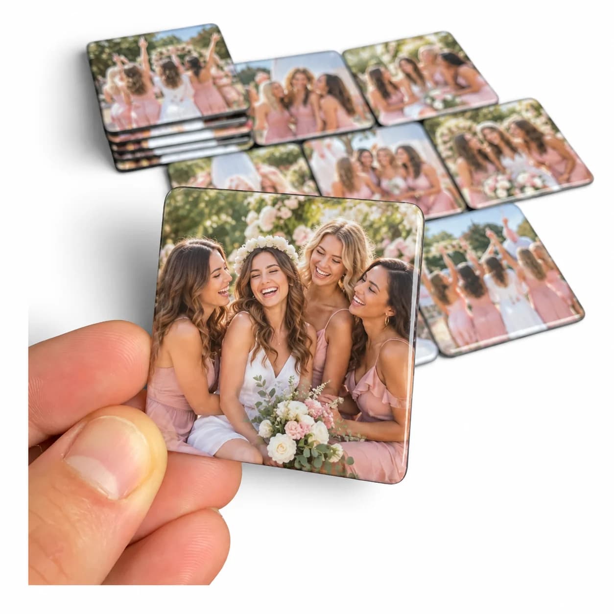 Foto ímã de despedida de solteira: noiva com coroa de flores cercada de amigas de vestido rosa, rindo em um jardim