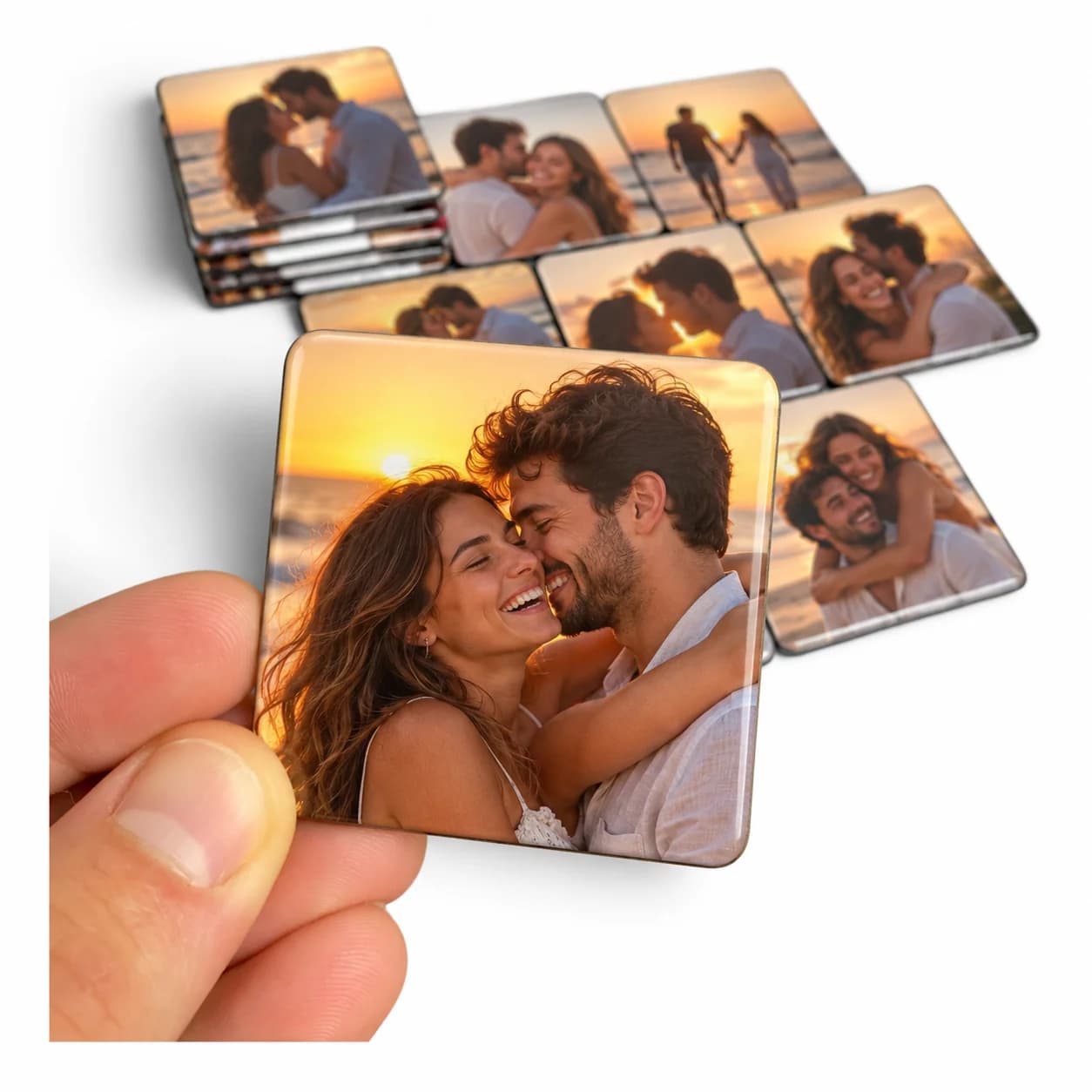Foto ímã de Dia dos Namorados: casal se abraçando e sorrindo em uma praia ao pôr do sol, em um ímã quadrado
