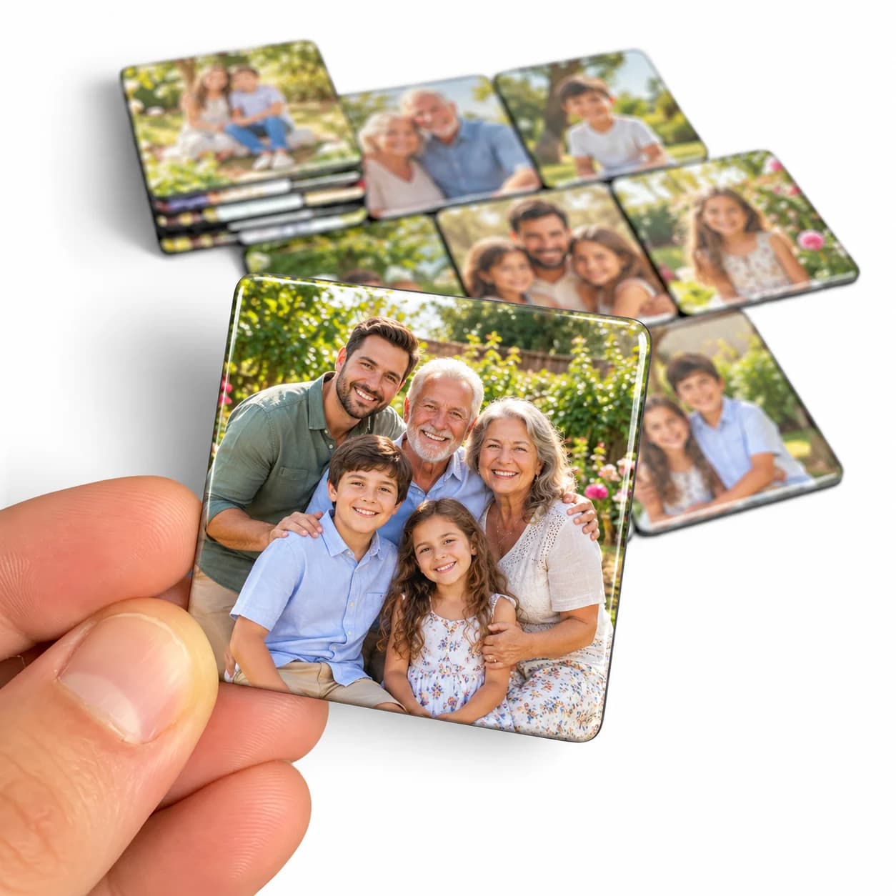 Foto ímã de encontro de família: avós, pais e crianças reunidos em um jardim florido, sorrindo para a foto