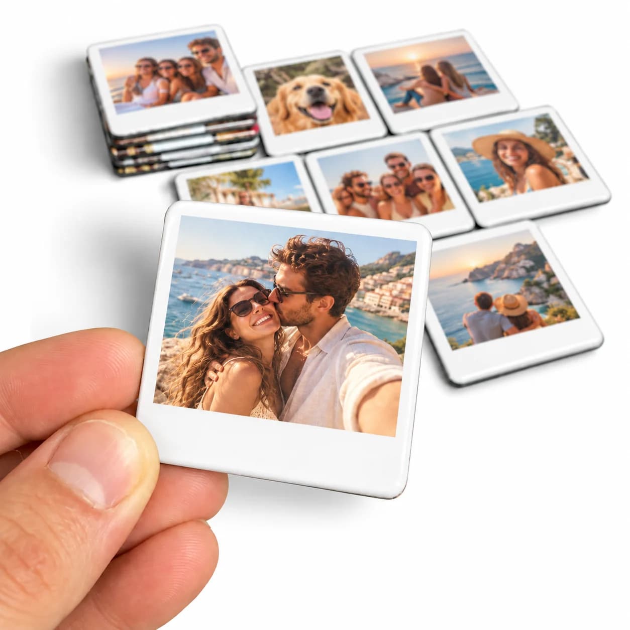 Foto ímã estilo polaroid: selfie de casal sorrindo em uma paisagem litorânea, com moldura branca ao redor da foto