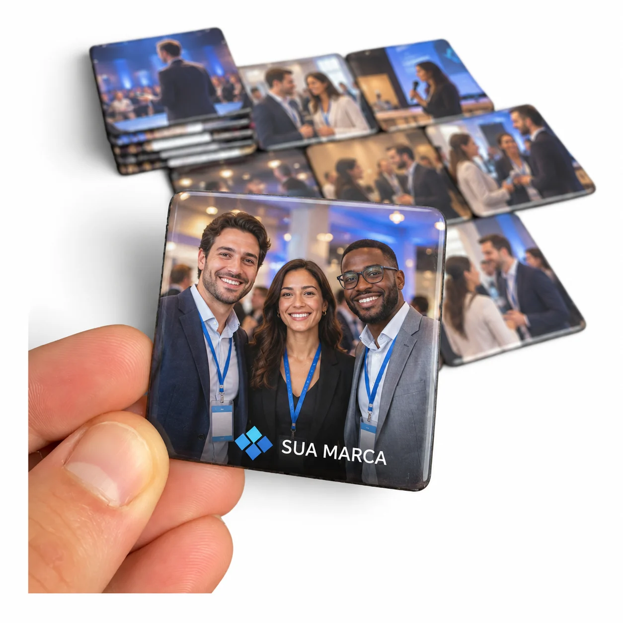 Foto ímã de evento corporativo: três profissionais de crachá sorrindo em um evento, com a logo Sua Marca sobre a foto