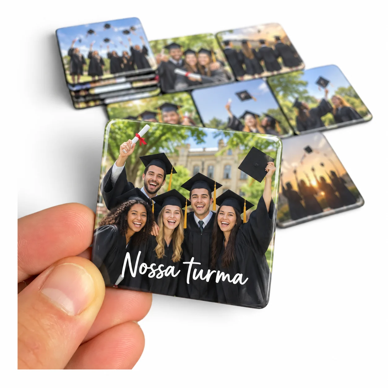 Foto ímã de formatura: turma de formandos de beca sorrindo com diploma, com o texto Nossa turma escrito sobre a foto