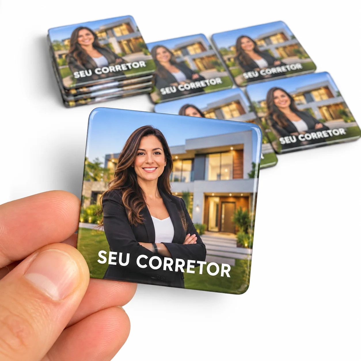 Ímã para corretor de imóveis: corretora de blazer sorrindo diante de uma casa moderna, com o texto Seu Corretor