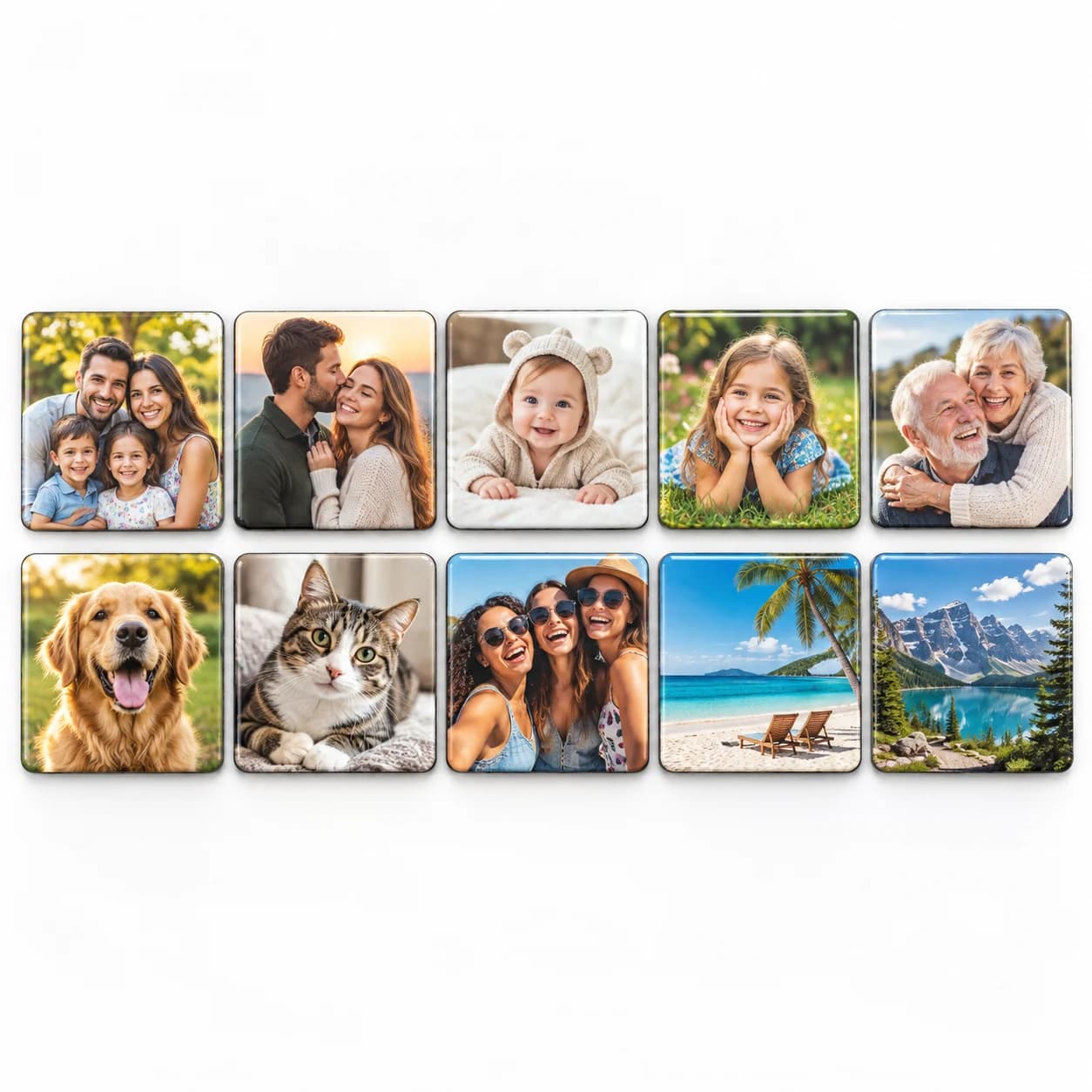 Kit de dez foto ímãs quadrados em duas fileiras, com fotos de família, casal, bebê, cachorro, gato, amigas e paisagens