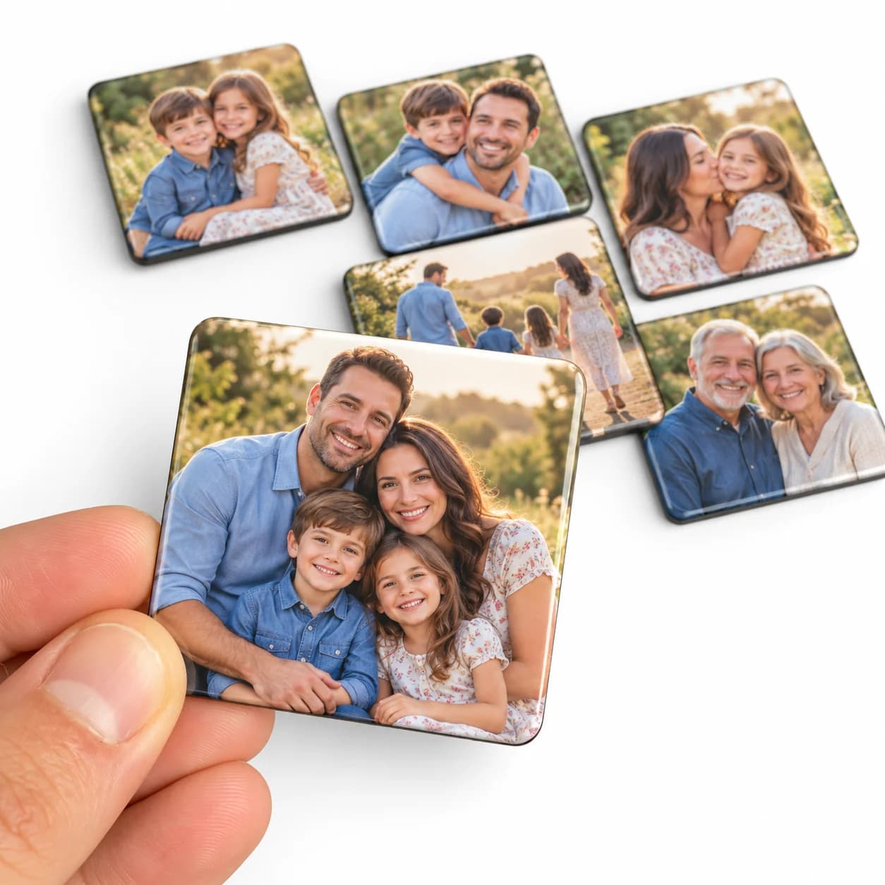 Kit família de foto ímãs: pai, mãe e dois filhos abraçados em primeiro plano, com outros retratos de família ao fundo
