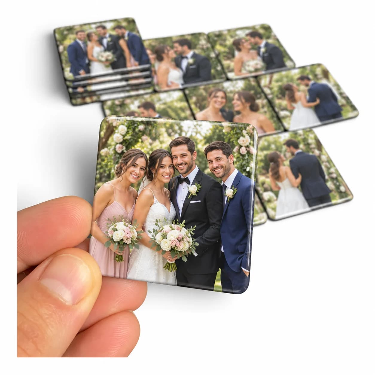 Foto ímã para padrinhos: quatro amigos, noivos e padrinhos, sorrindo em um jardim, impressos em um ímã quadrado