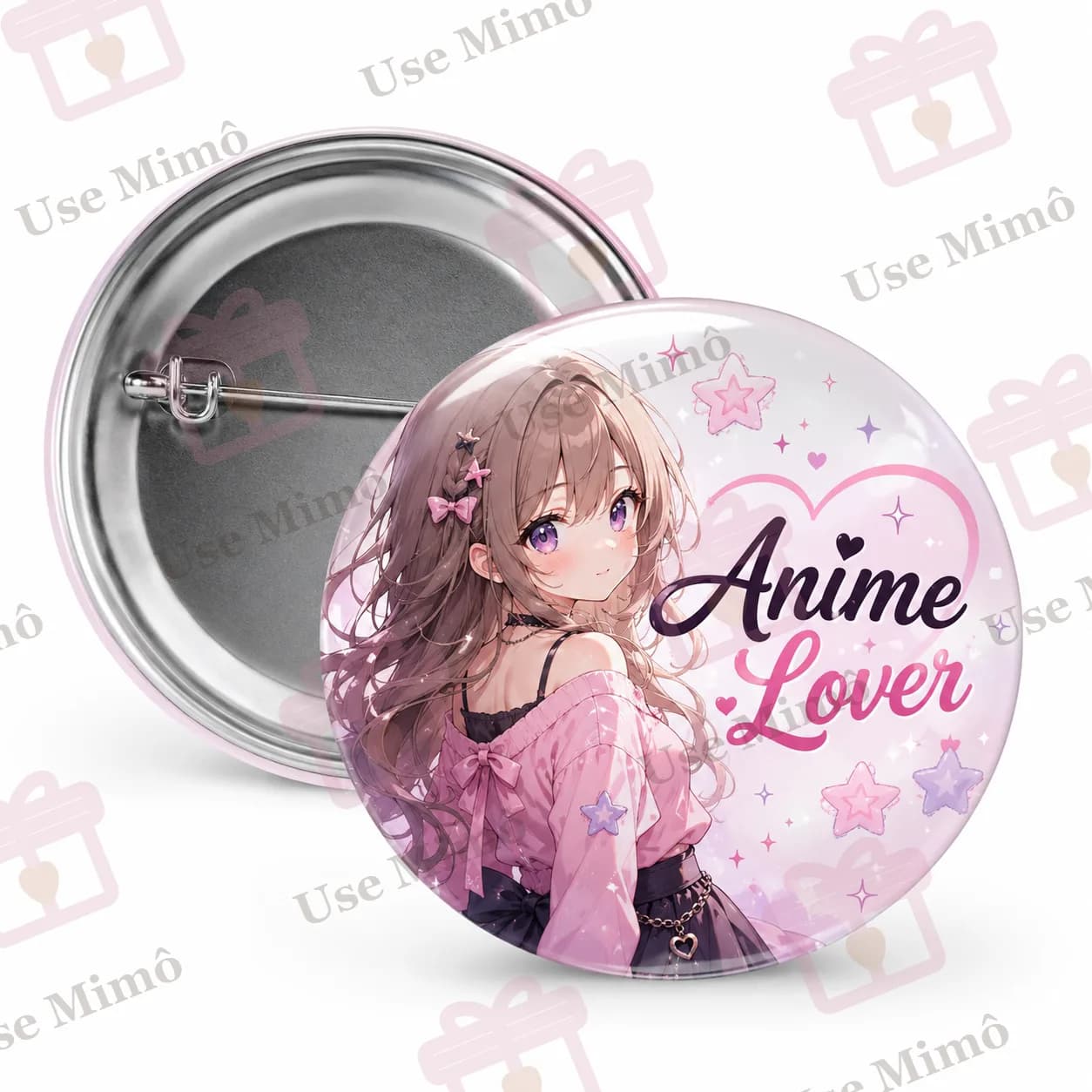 Botton redondo com ilustração de uma garota de anime e o texto "Anime Lover" em preto e rosa, com estrelas e coração.