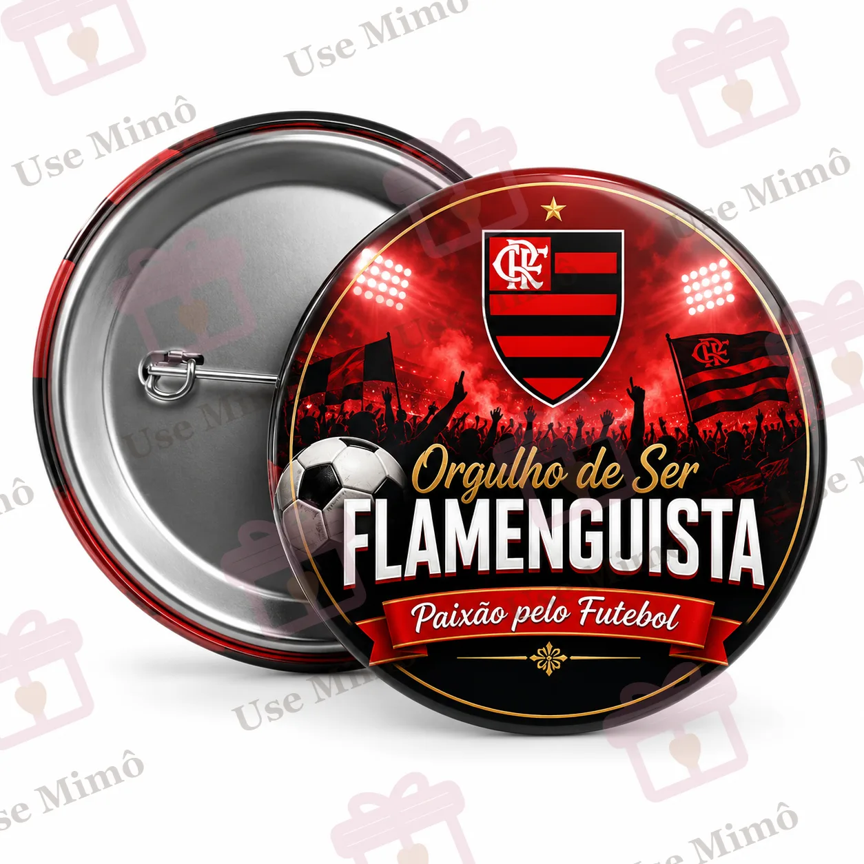 Botton personalizado redondo com fundo vermelho e preto, escudo do Flamengo, uma bola de futebol e texto em dourado, branco e vermelho que diz "Orgulho de ser FLAMENGUISTA Paixão pelo Futebol".