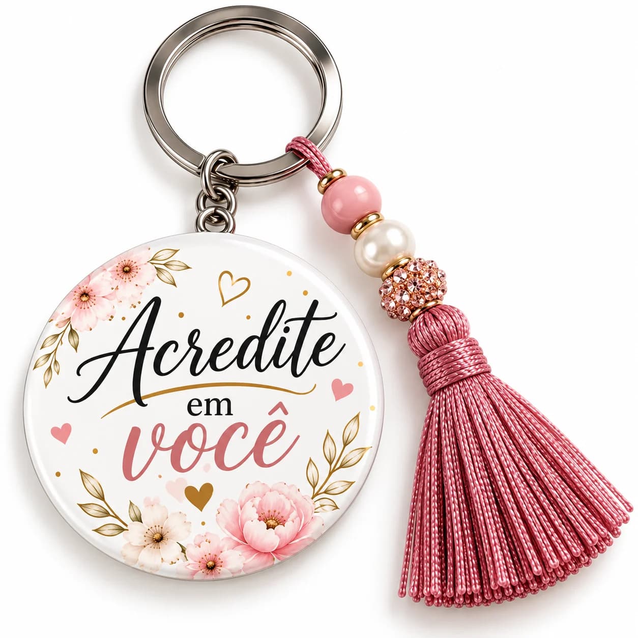 Chaveiro personalizado com a frase Acredite em você em preto e rosa-antigo, com flores e pingente de franja rosa