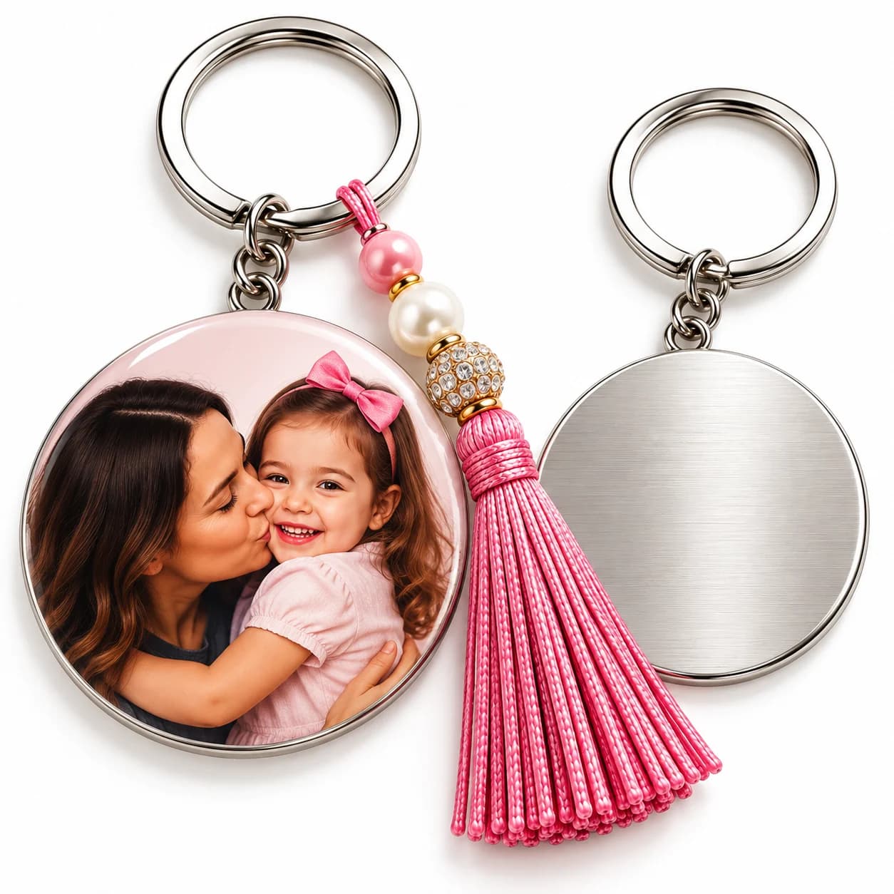 Chaveiro personalizado com foto de mãe beijando a filha de laço rosa, com pingente de franja rosa e o verso prateado ao lado