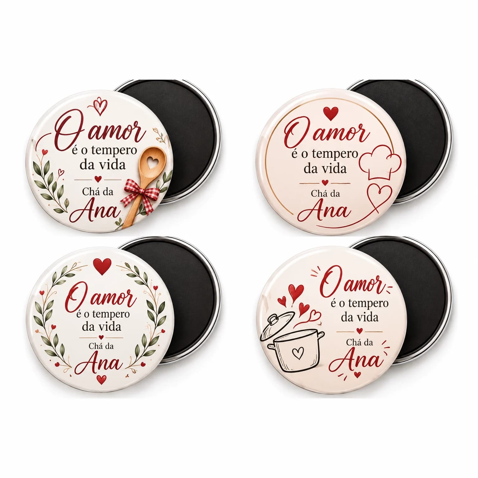 Kit de quatro ímãs redondos de chá de panela com a frase O amor é o tempero da vida e o nome Ana, com o verso magnético preto
