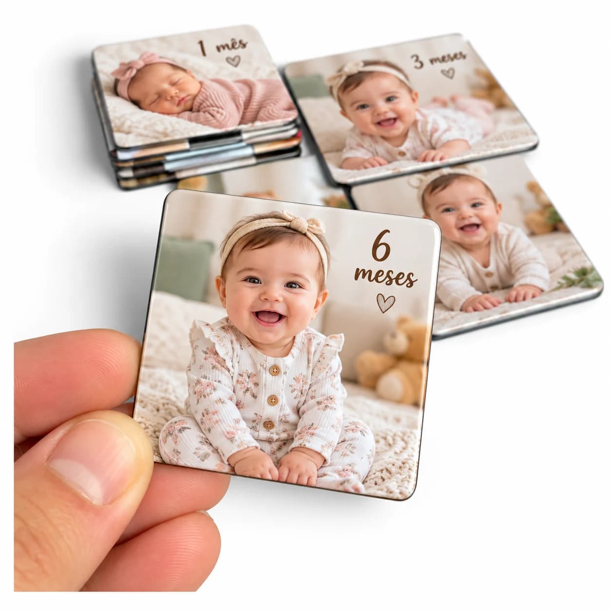 Foto ímã de mesversário: bebê de laço rosa sorrindo com o texto 6 meses, e outros ímãs de 1 mês e 3 meses ao fundo