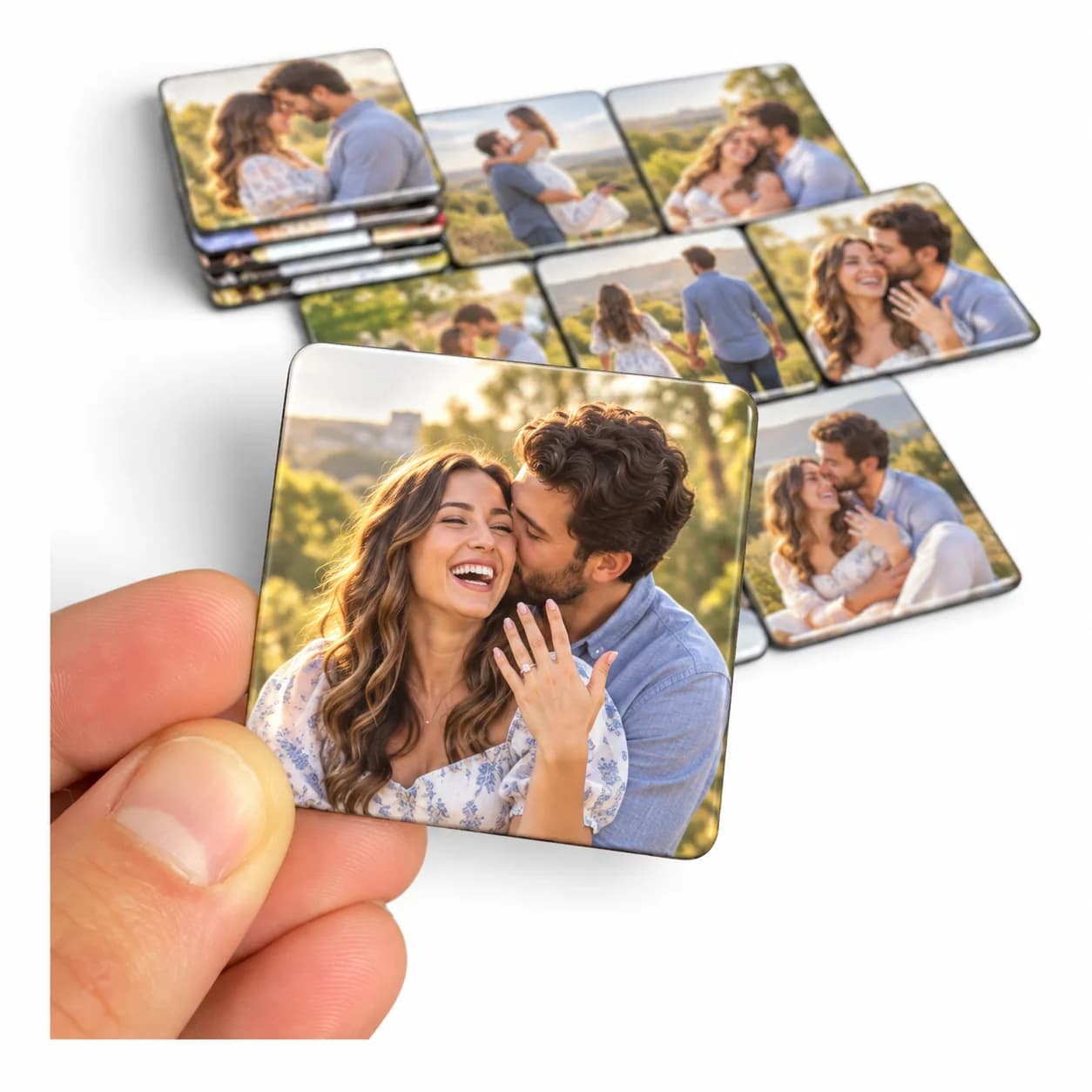 Foto ímã de noivado: casal rindo, ela mostrando o anel de noivado enquanto ele a beija, em um ímã quadrado