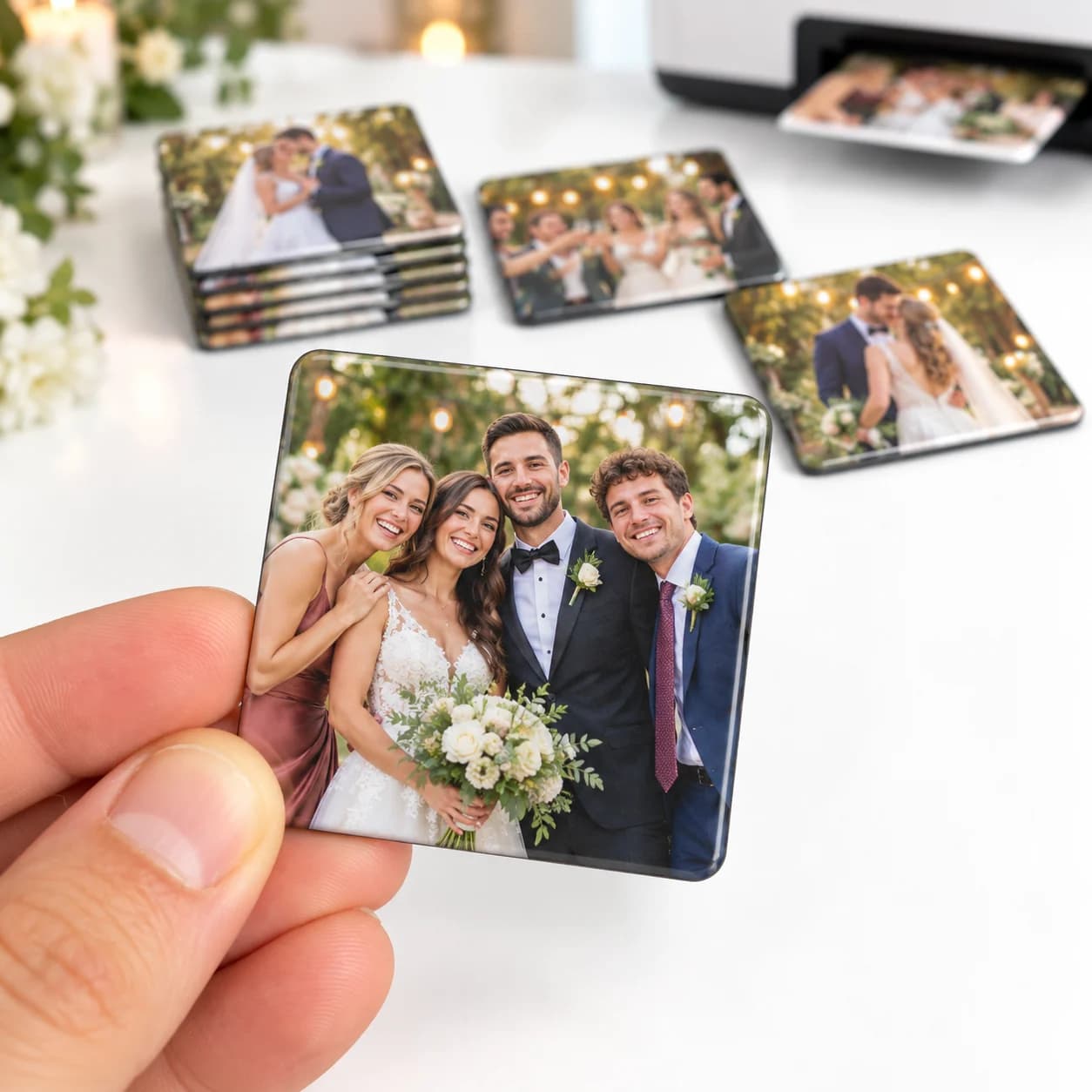 Foto ímã para eventos: noivos e padrinhos sorrindo em um jardim, com vários ímãs de casamento sobre uma mesa e uma impressora ao fundo