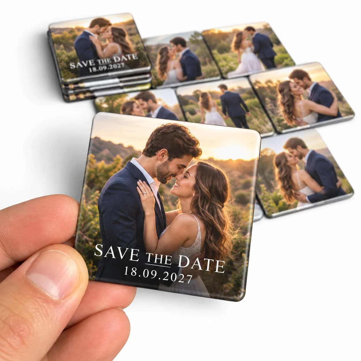 Foto ímã save the date: casal se abraçando ao pôr do sol, com o texto Save the Date e a data escritos sobre a foto
