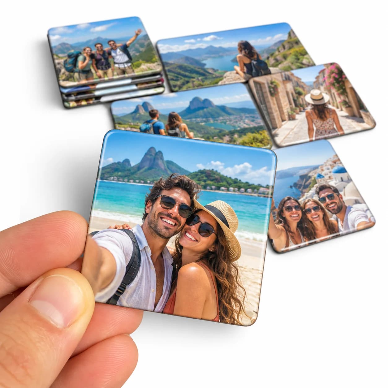 Foto ímã de viagem: casal tirando selfie de óculos escuros em uma praia com montanhas ao fundo, em um ímã quadrado